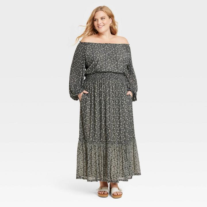 Women's Plus Size Long Sleeve Smocked Mesh Dress - Knox Rose Black