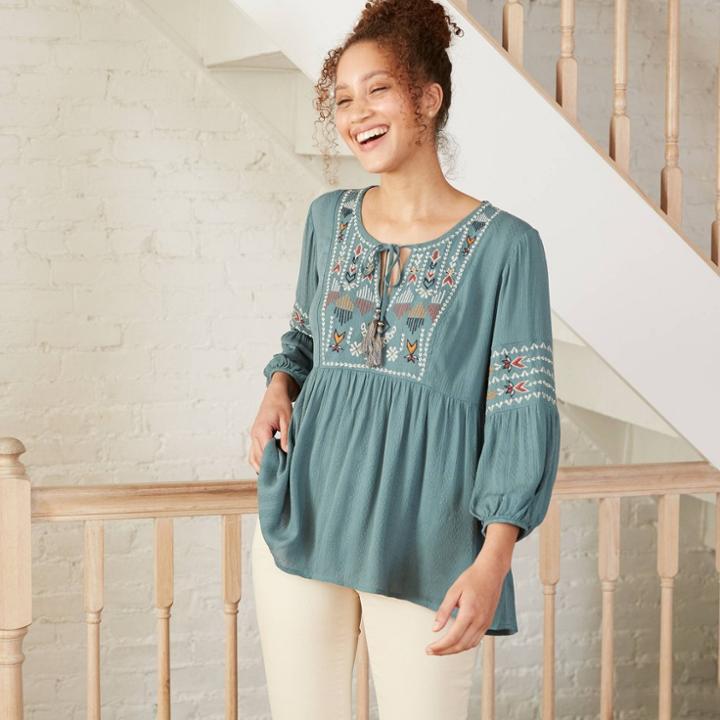 Women's Long Sleeve Embroidered Top With Tassles - Knox Rose Jade