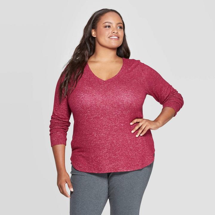 Women's Plus Size Long Sleeve V-neck Cozy Top - Ava & Viv Burgundy Heather X