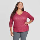 Women's Plus Size Long Sleeve V-neck Cozy Top - Ava & Viv Burgundy Heather X