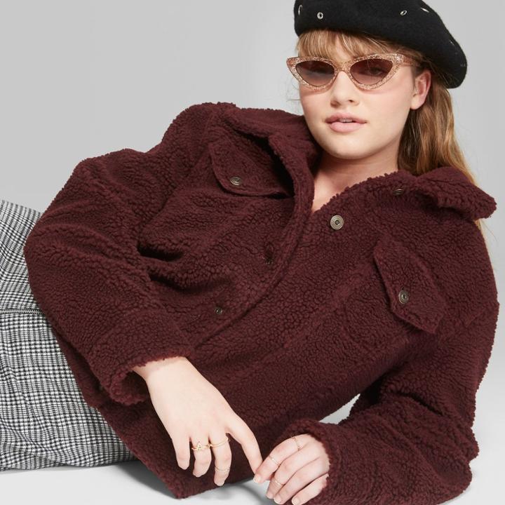 Women's Plus Size Fuzzy Trucker Jacket - Wild Fable Burgundy (red)