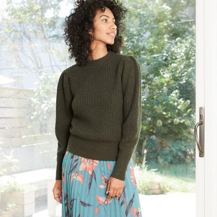 Women's Puff Sleeve Crewneck Pullover Sweater - A New Day Green