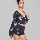 Women's Floral Print Long Sleeve V-neck Clasp Front Top - Wild Fable Black