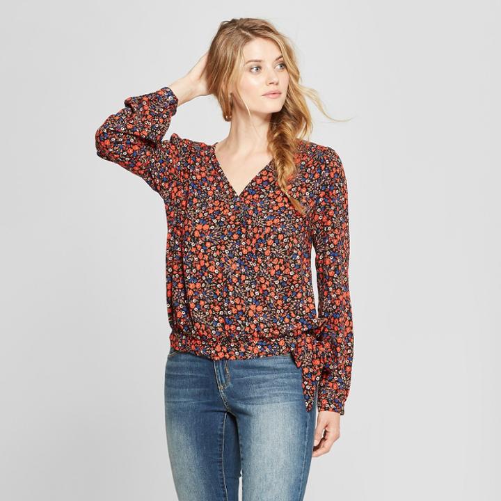 Women's Floral Long Sleeve Wrap Top - Universal Thread Orange