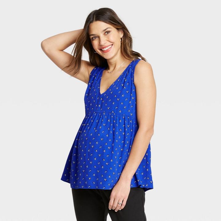 The Nines By Hatch Maternity Floral Print V-neck Smocked Shoulder Crepe Tank Top Blue