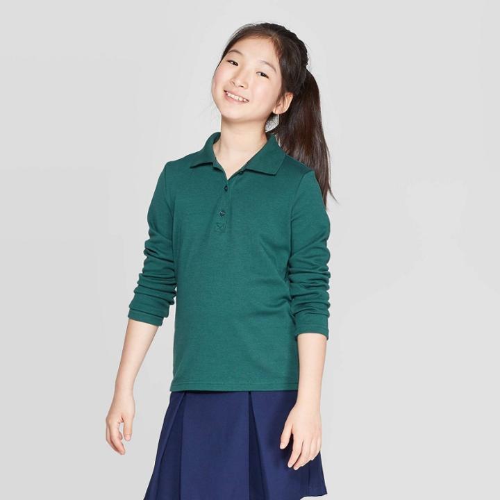 Girls' Long Sleeve Interlock Polo Shirt - Cat & Jack Green