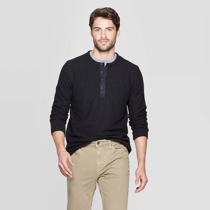 Men's Regular Fit Long Sleeve Textured Henley Shirt - Goodfellow & Co Black