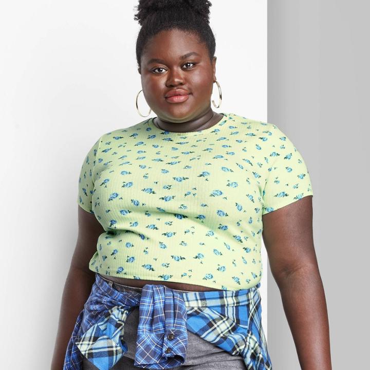 Women's Plus Size Short Sleeve Slim Fit Baby T-shirt - Wild Fable Green Floral