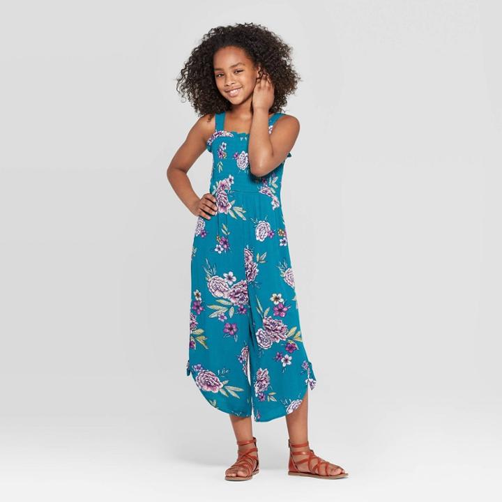 Girls' Smocked Jumpsuit - Art Class Teal