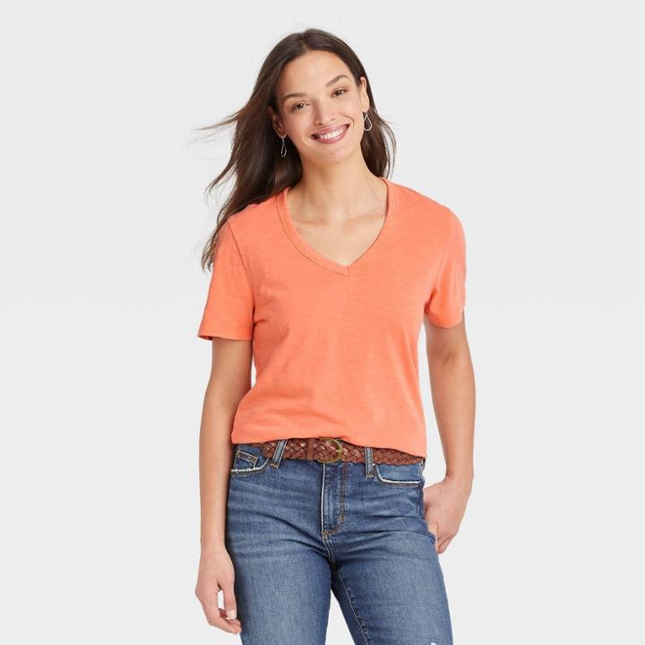 Women's Short Sleeve V-neck T-shirt - Universal Thread Coral Orange