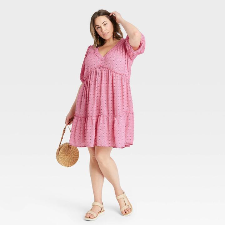 Women's Plus Size Short Sleeve Tiered Dress - Knox Rose Pink Floral