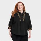 Women's Plus Size Bishop 3/4 Sleeve Embroidered Blouse - Knox Rose Black