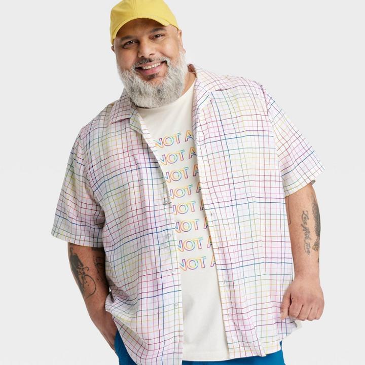 No Brand Pride Adult Plus Size Short Sleeve Woven Rainbow Grid Button-down Shirt - White Plaid