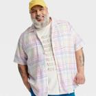 No Brand Pride Adult Plus Size Short Sleeve Woven Rainbow Grid Button-down Shirt - White Plaid