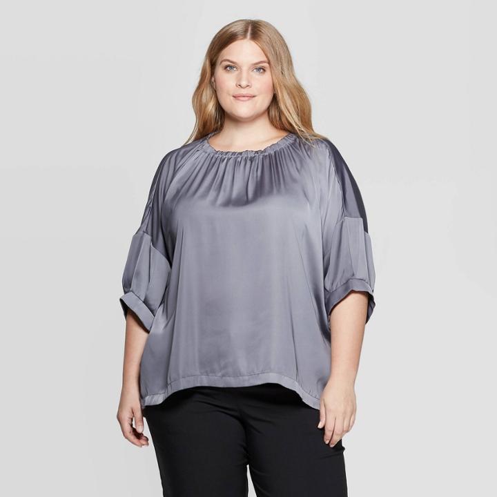 Women's Plus Size Elbow Sleeve Round Neck Blouse - Prologue Gray