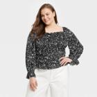 Women's Plus Size Puff Long Sleeve Slim Fit Smocked Top - A New Day Black Leopard Print