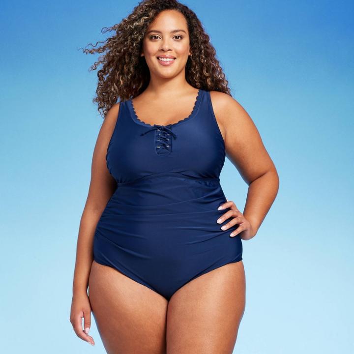 Women's Grommet Scallop High Coverage One Piece Swimsuit - Kona Sol Navy Blue