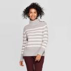 Women's Striped Mock Turtleneck Striped Button Detail Sweater - A New Day Cream