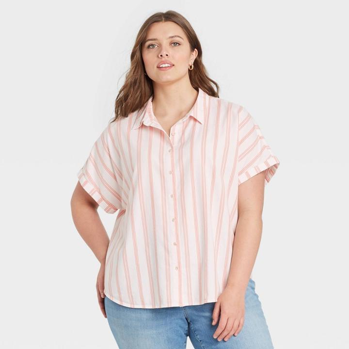 Women's Plus Size Striped Dolman Short Sleeve Button-down Shirt - Universal Thread Coral