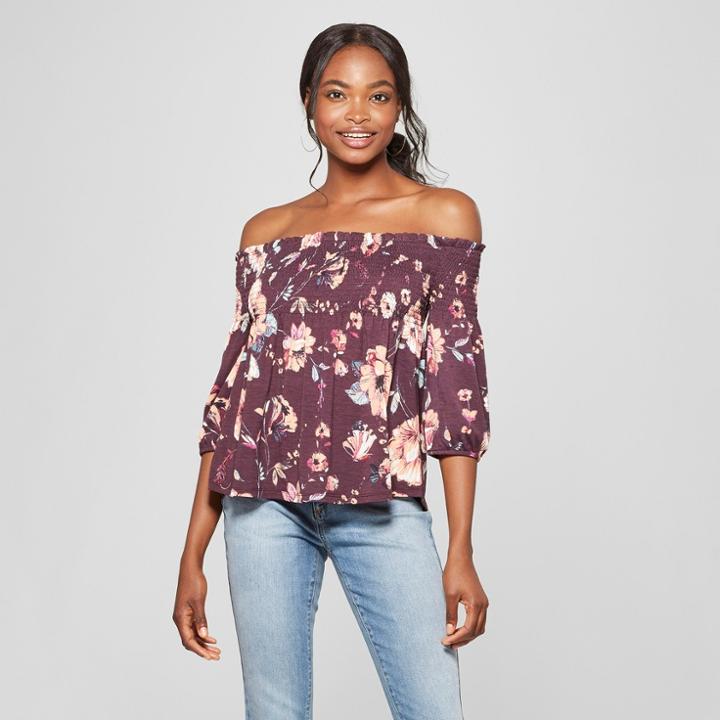 Women's 3/4 Sleeve Off The Shoulder Floral Knit Top - Xhilaration Purple