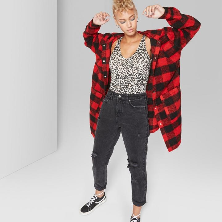 Women's Check Hooded Coat - Wild Fable Scarlet