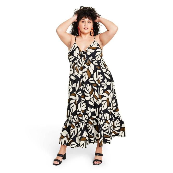 Women's Plus Size Neutral Botanical Print Sleeveless Tie-front Midi Dress - Tabitha Brown For Target Black