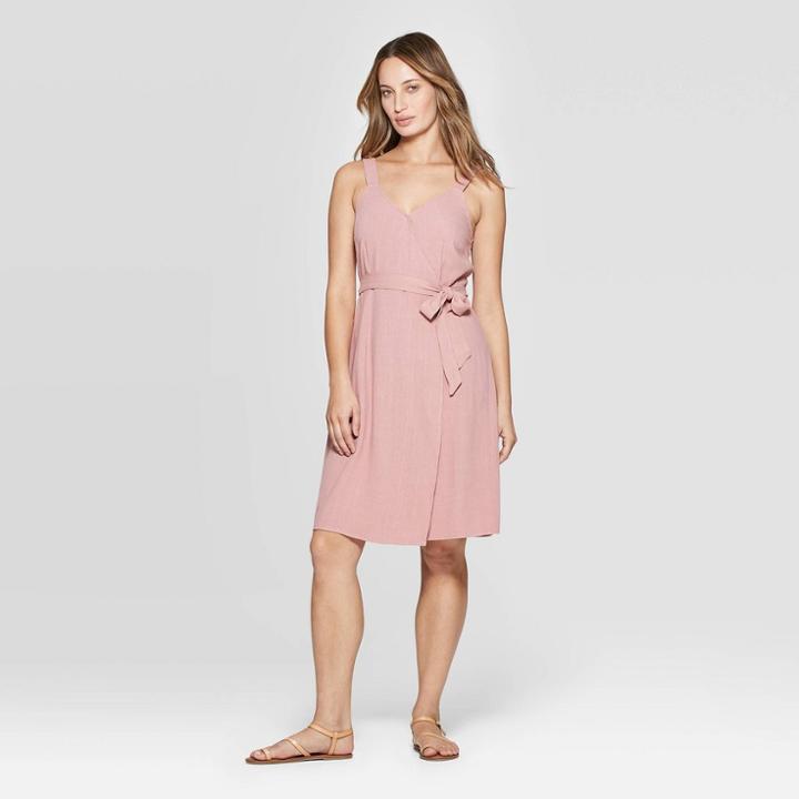 Women's Sleeveless V-neck At Knee Wrap Dress - Universal Thread Pink