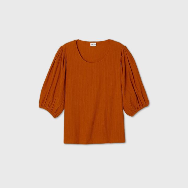 Women's Plus Size Puff 3/4 Sleeve Scoop Neck Top - Ava & Viv Orange