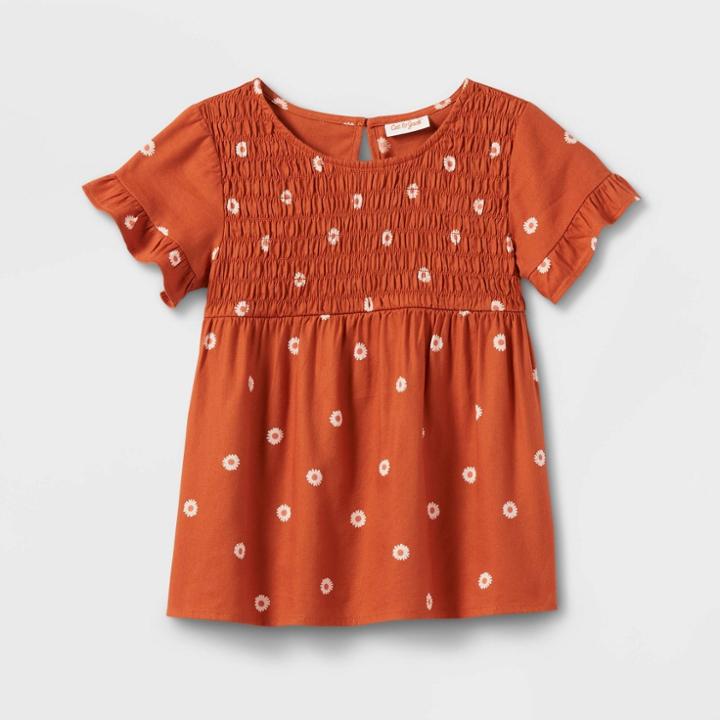 Girls' Floral Short Sleeve Smocked Woven Shirt - Cat & Jack Cinnamon