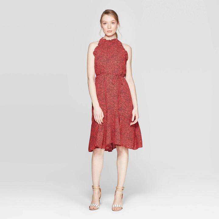Women's Floral Print Short Sleeve Halter Neck A Line Dress - Who What Wear Red