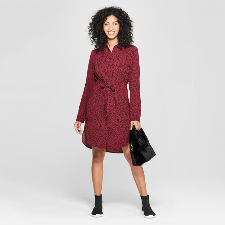 Women's Animal Print Long Sleeve Shirtdress - A New Day Burgundy