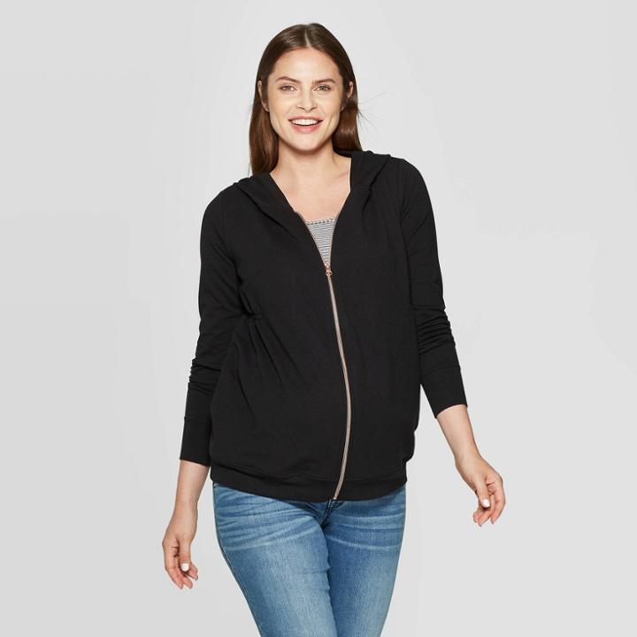 Isabel Maternity By Ingrid & Isabel Maternity Long Sleeved Zippered Hoodie Sweatshirt - Isable Maternity By Ingrid & Isabel Black