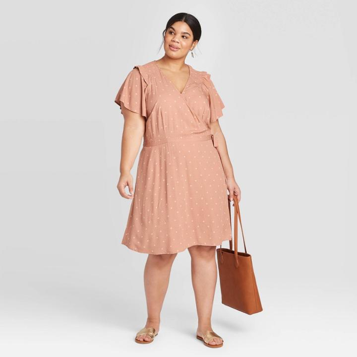 Women's Plus Size Polka Dot Short Sleeve Ruffle Wrap Dress - Universal Thread Pink 1x, Green Pink Blue