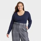 Women's Plus Size Long Sleeve Ribbed Scoop Neck T-shirt - A New Day Navy