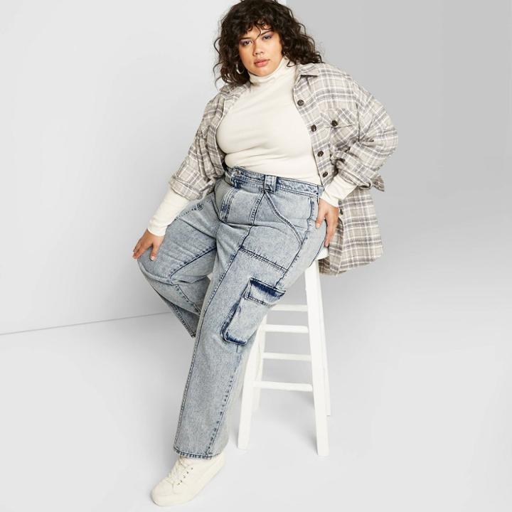Women's Plus Size High-rise Straight Leg Ankle Length Cargo Jeans - Wild Fable Acid Wash 14w, Women's, Blue