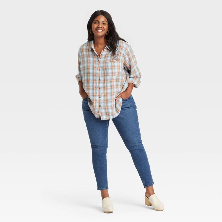 Women's Plus Size Long Sleeve Gauze Button-down Shirt - Universal Thread Blue Plaid