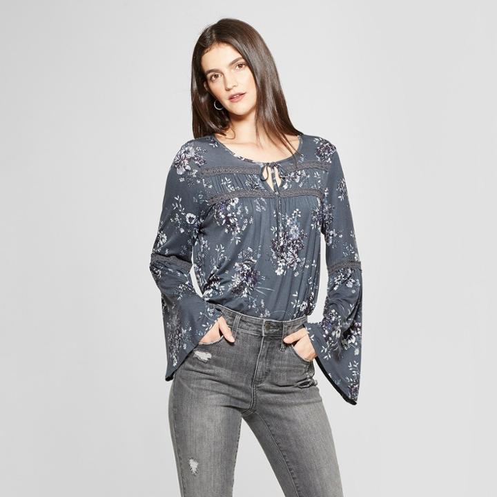 Women's Floral Print Long Sleeve Split Neck Top - Knox Rose Gray