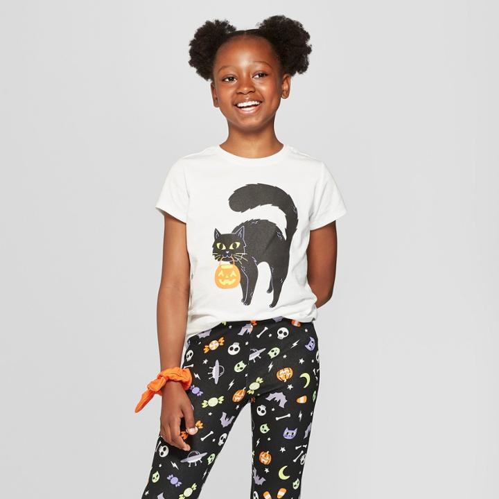 Girls' Short Sleeve Halloween Cat T-shirt - Cat & Jack White