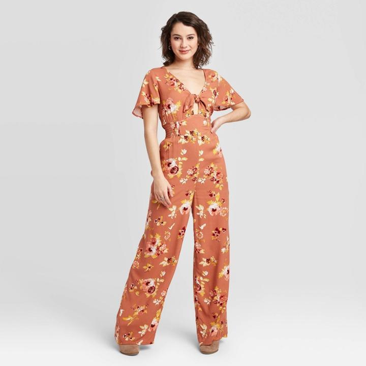 Women's Floral Print Short Sleeve V-neck Tie Front Cutout Jumpsuit - Xhilaration Brown