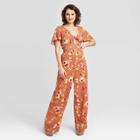 Women's Floral Print Short Sleeve V-neck Tie Front Cutout Jumpsuit - Xhilaration Brown