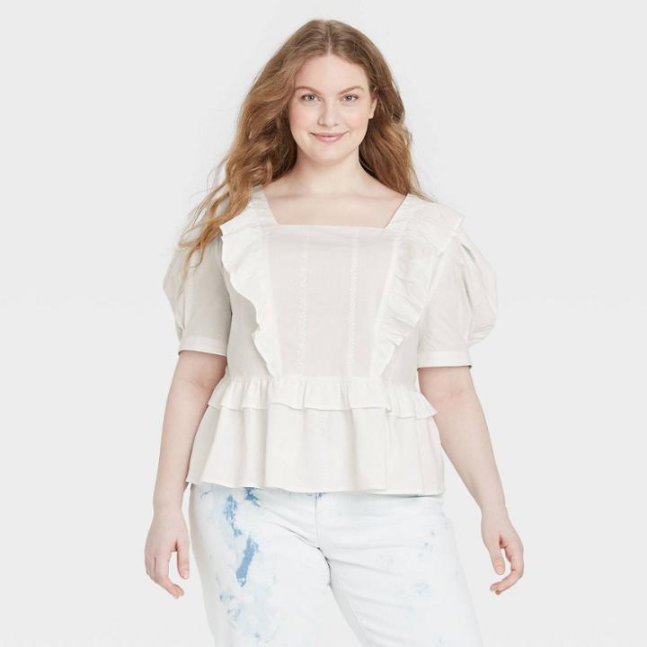 Women's Plus Size Puff Short Sleeve Ruffle Peplum Blouse - Universal Thread White