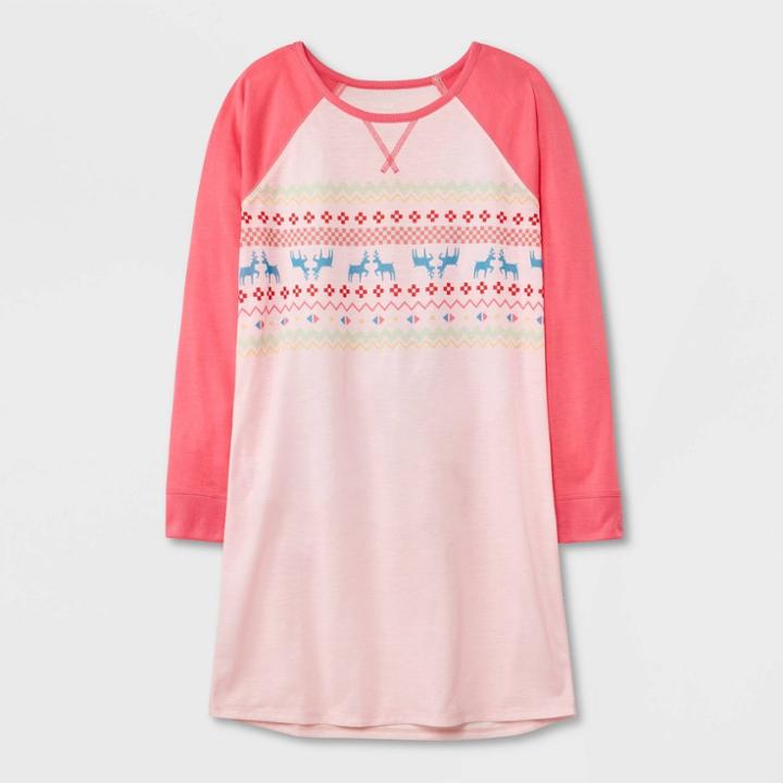 Girls' Fair Isle Deer Long Sleeve Nightgown - Cat & Jack Pink