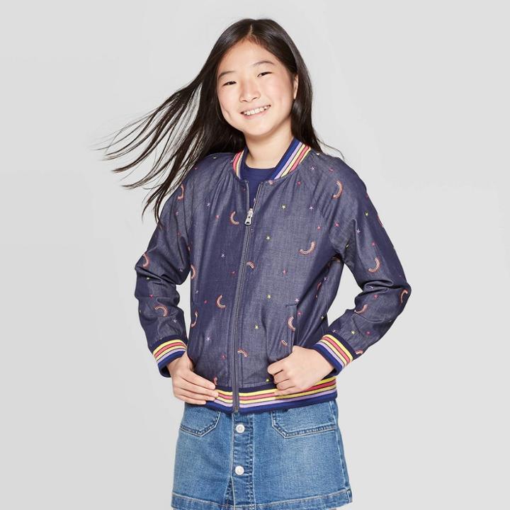 Girls' Long Sleeve Rainbow Print Bomber Jacket - Cat & Jack Chambray