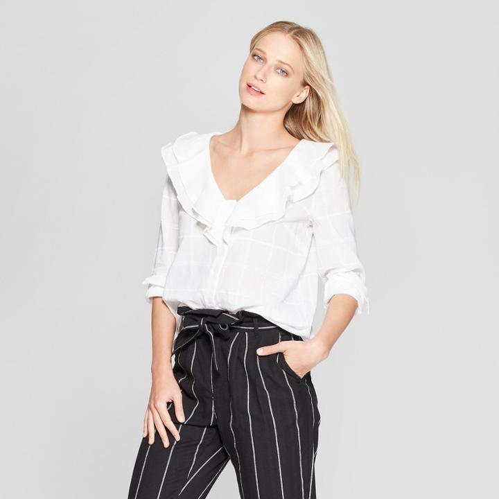 Women's Long Sleeve Ruffle Detail Blouse - Who What Wear White