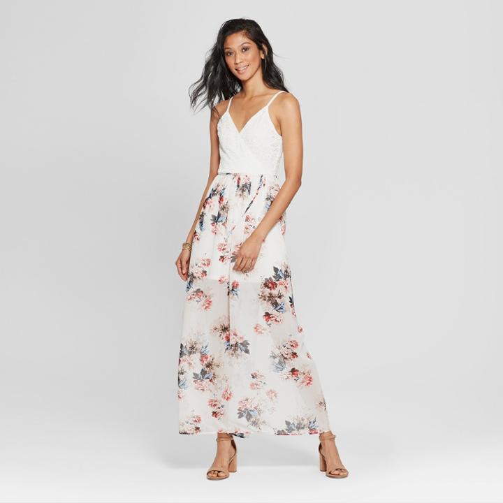 Women's Floral Print V-neck Lace Top Maxi Dress - Lily Star (juniors') Ivory