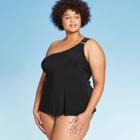 Women's Plus Size Strappy Back One Shoulder Tankini Top - Aqua Green Black