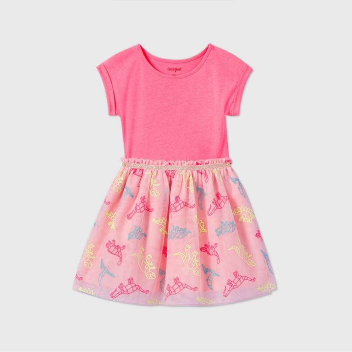 Girls' Short Sleeve Dinosaur Tulle Dress - Cat & Jack Pink