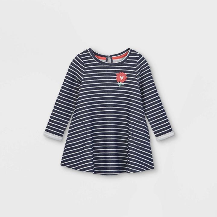 Toddler Girls' Flower Striped Long Sleeve Dress - Cat & Jack Navy