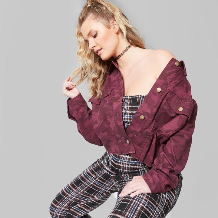 Women's Plus Size Camo Print Oversized Cropped Denim Jacket - Wild Fable Burgundy Camo
