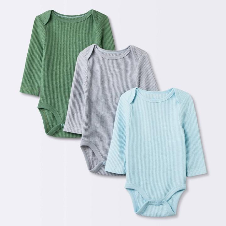 Baby 3pk Basic Long Sleeve Waffle Bodysuit - Cloud Island Green